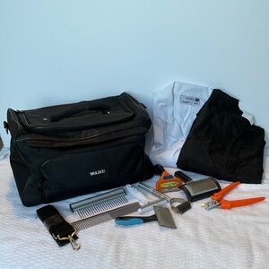 Professional Dog Grooming Kit - Wahl Bag, 8 Grooming Tools, Smock and Lab Coat